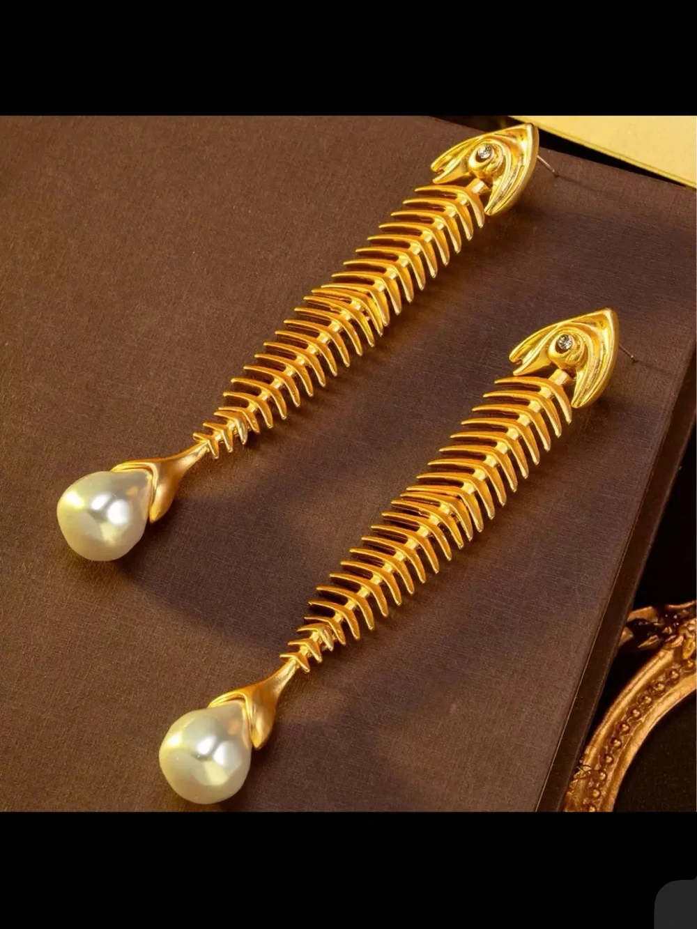 Gold Fishbone Drop Earrings with Pearl Teardrops